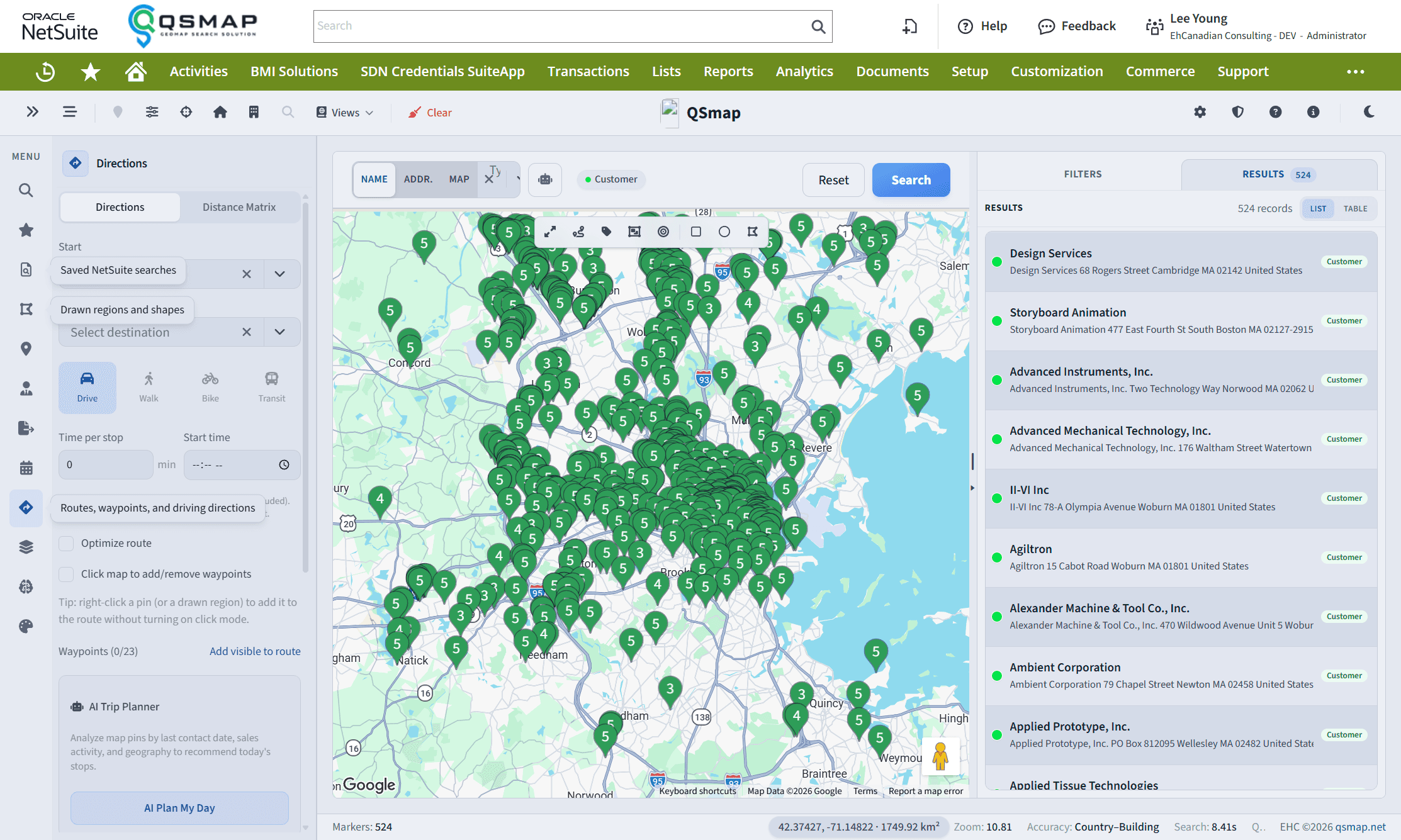 Directions panel with route options and AI Trip Planner