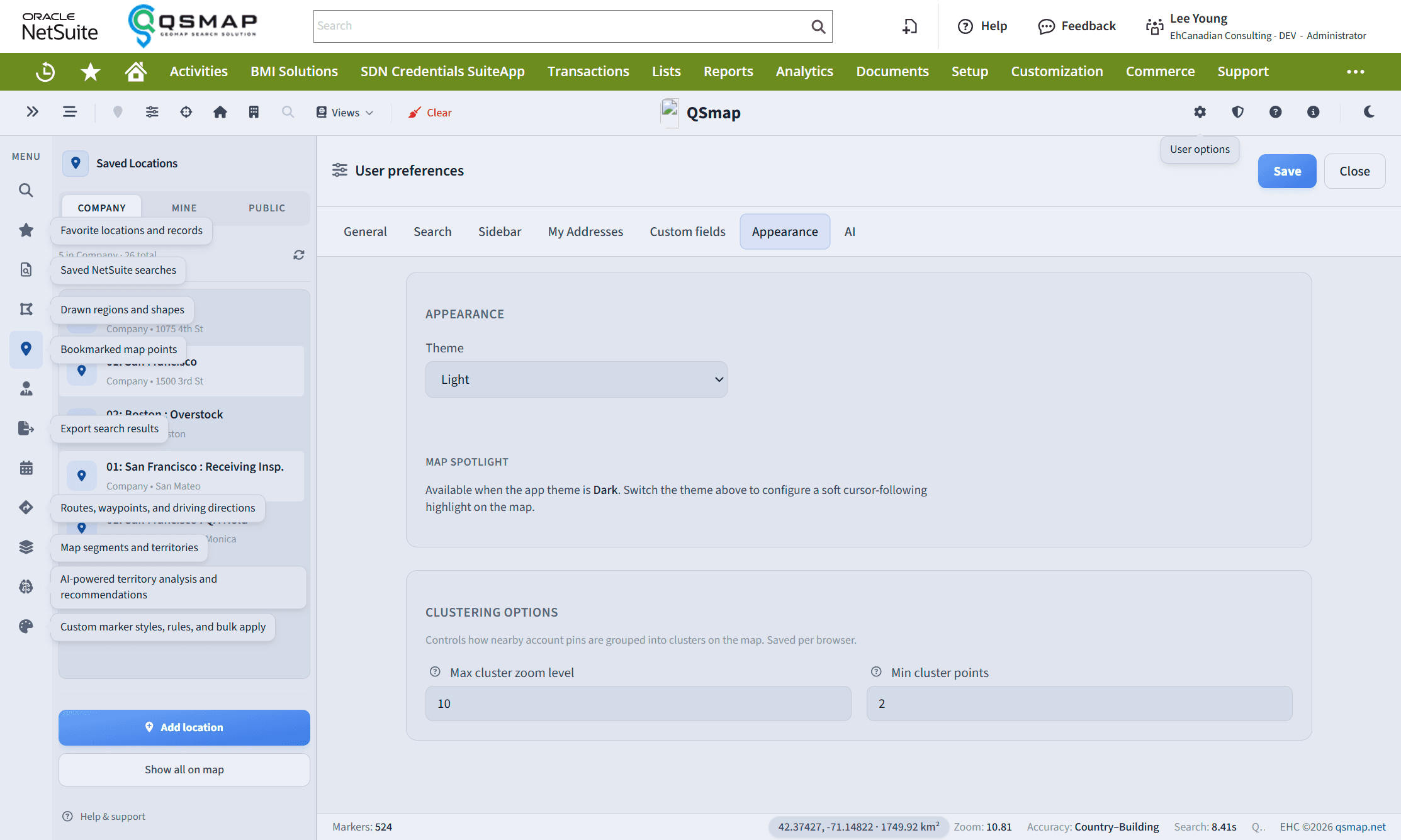 User preferences — Appearance (theme and clustering)